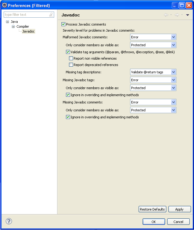 Recommended JavaDoc settings in eclipse 